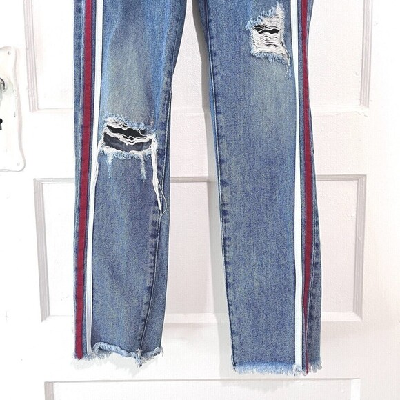 One X One Teaspoon Jeans Women 23 Blue Tuxedo Stripes Distressed Straight Grunge - Picture 6 of 10